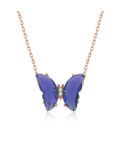 ​Gümüş Mavi Cam Kelebek Kolye