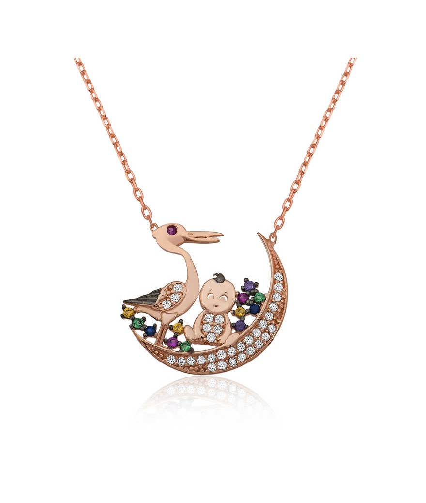 Gümüş Leylek Ve Bebek Bayan Kolye