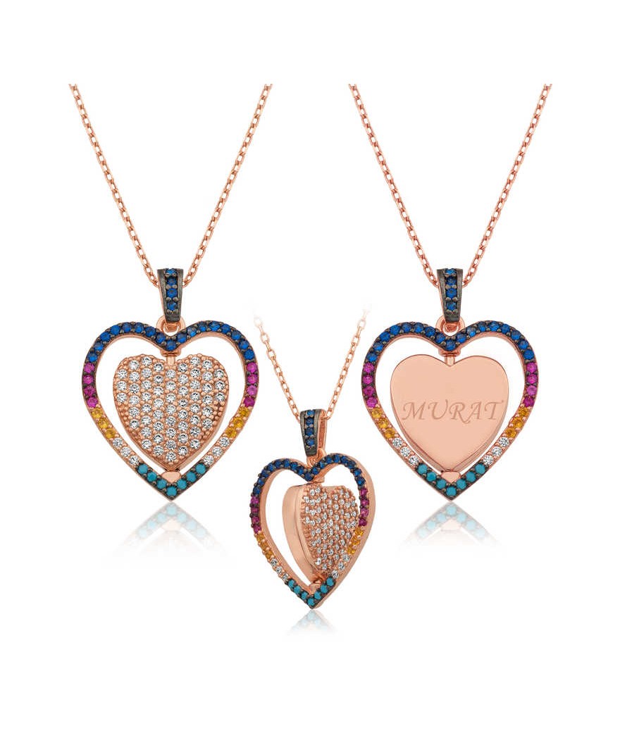 Gümüş Çift Taraflı Kişiye Özel Kalp Kolye