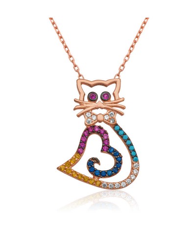 Gümüş Kalpli Kedi Kolye