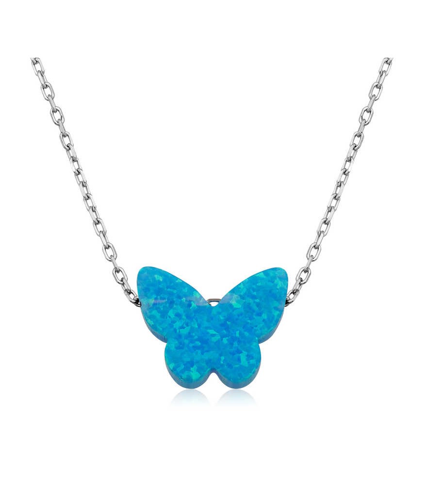 Gümüş Mavi Opal Taş Kelebek Bayan Kolye