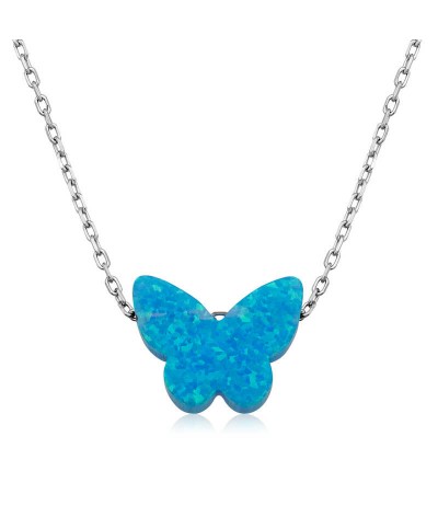 Gümüş Mavi Opal Taş Kelebek Bayan Kolye