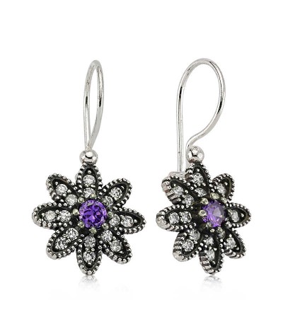 Gümüş Mor Taşlı Çiçek Küpe