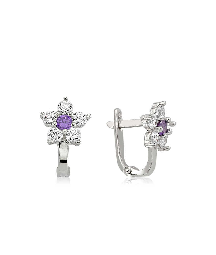 Gümüş Mor Taşlı Çiçek Küpe