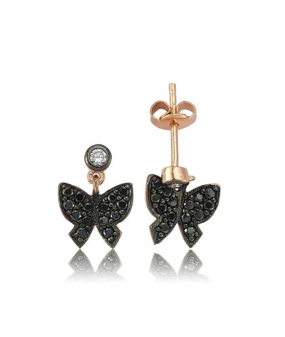 Gümüş Siyah Kelebek Çivili Küpe