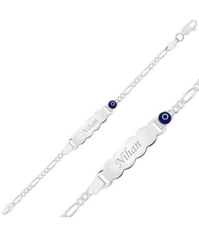 Gümüş Mavi Boncuklu Plaka Çocuk Bileklik