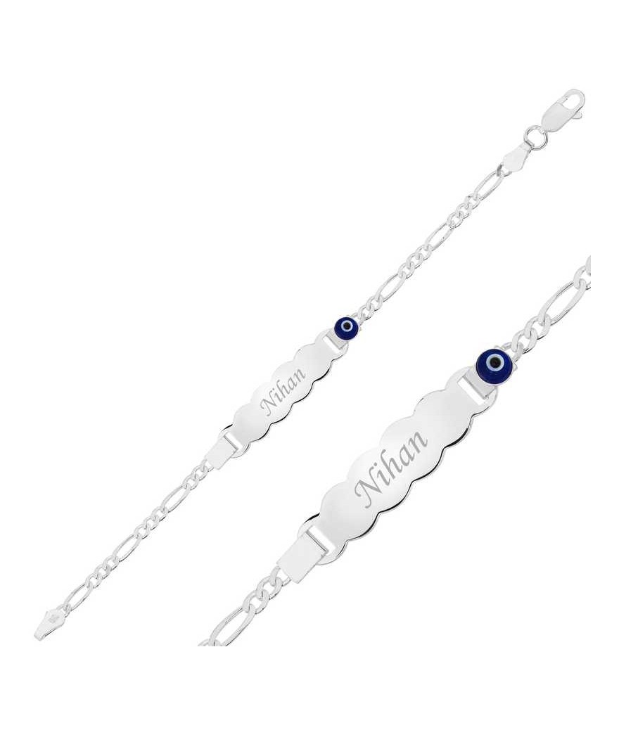 Gümüş Mavi Boncuklu Plaka Çocuk Bileklik