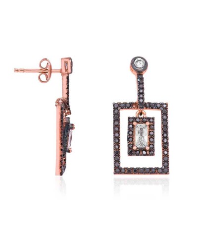 Gümüş Siyah Dikdörtgen Sallantılı  Küpe