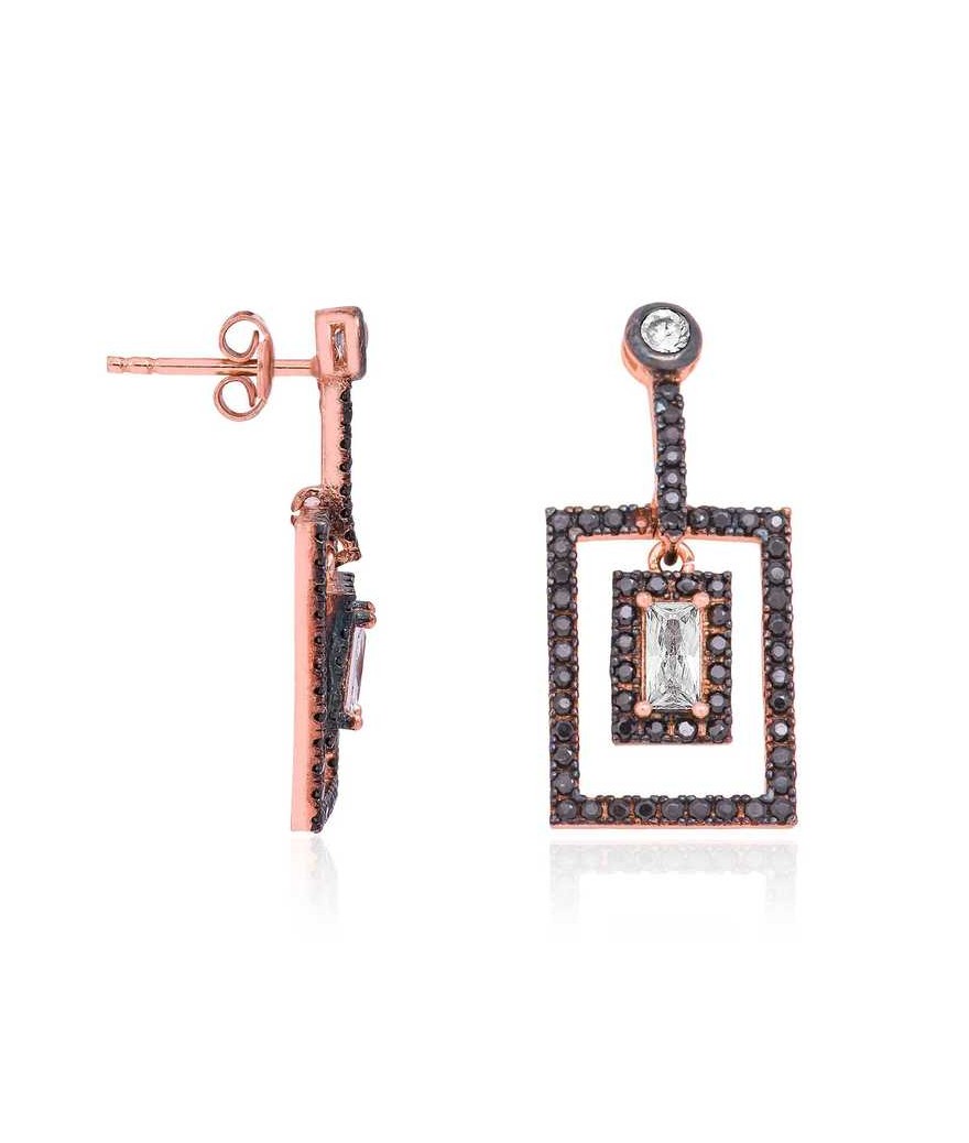 Gümüş Siyah Dikdörtgen Sallantılı  Küpe