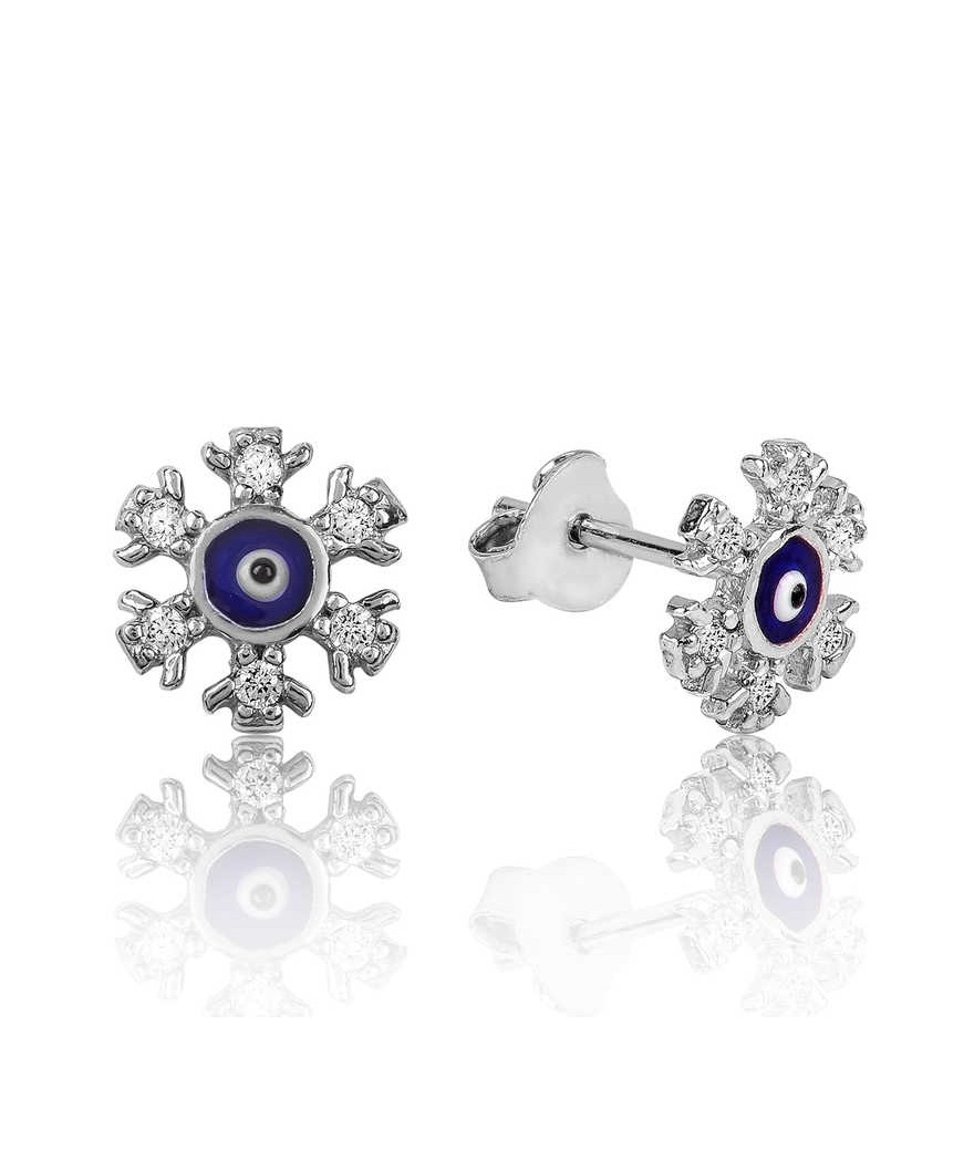 Gümüş Nazarlı Kar Tanesi Çivili Küpe