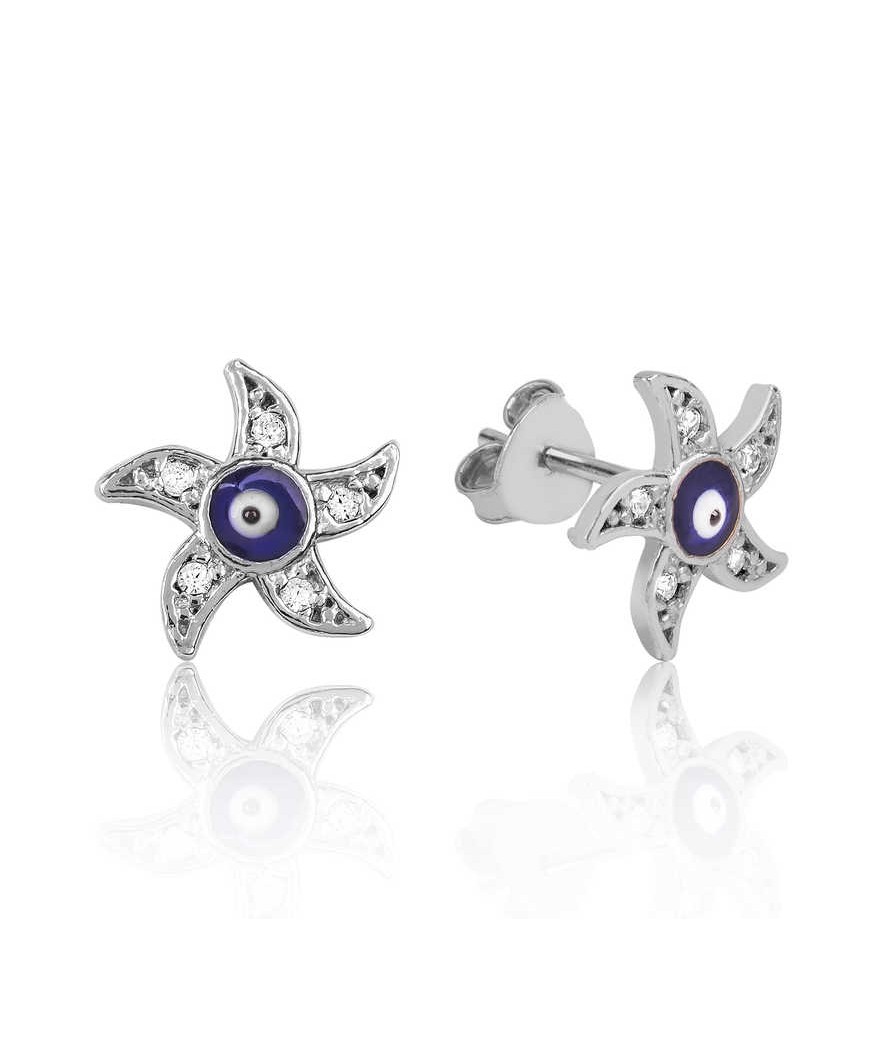 Gümüş Nazarlı Deniz Yıldızı Çivili Küpe