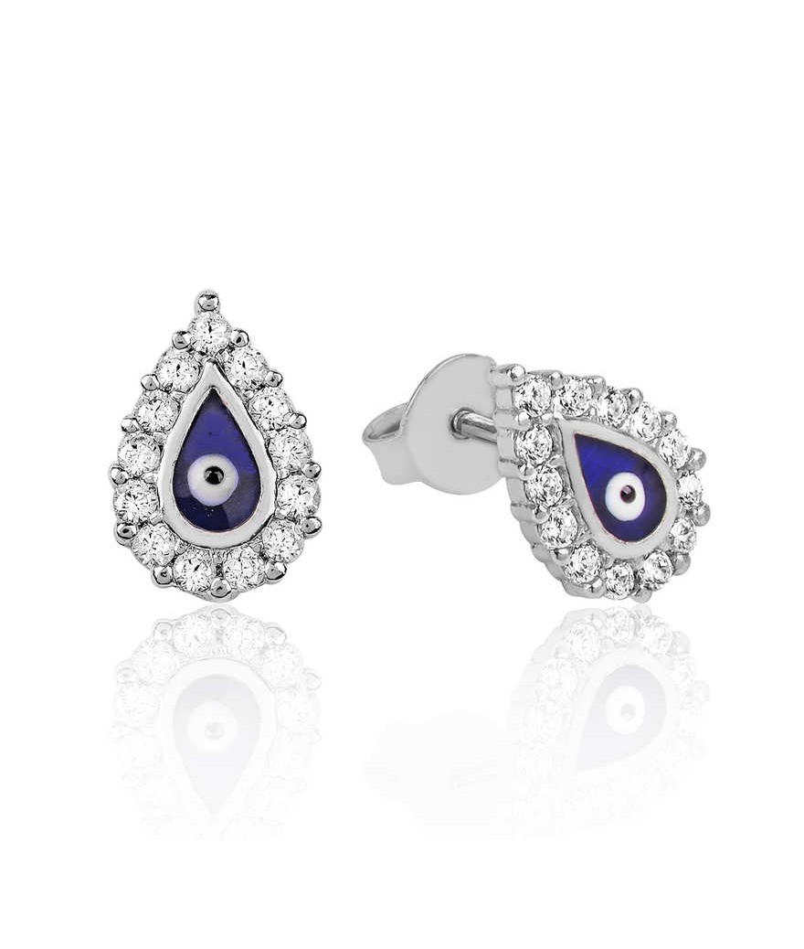 Gümüş Beyaz Taşlı Nazar Damla Çivili Küpe