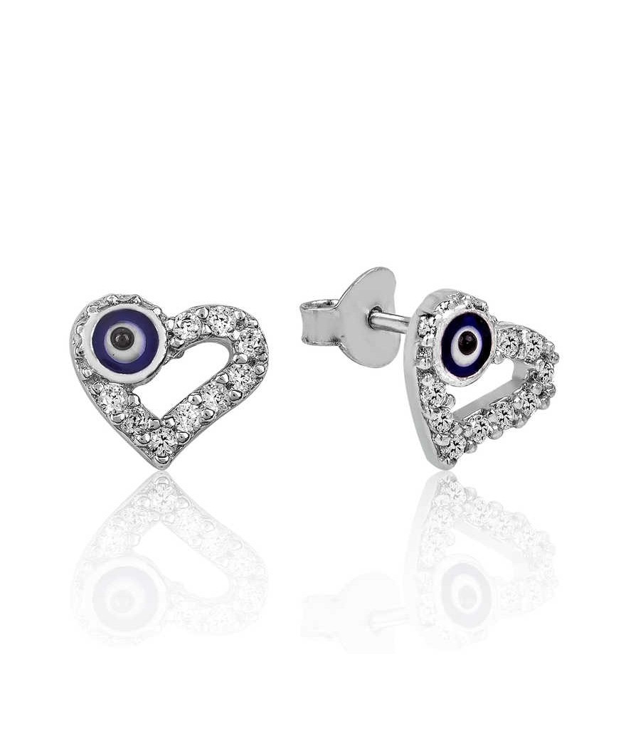 Gümüş Kalpli Nazar Çivili Küpe