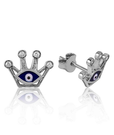 Gümüş Nazarlı Kraliçe Tacı Çivili Küpe