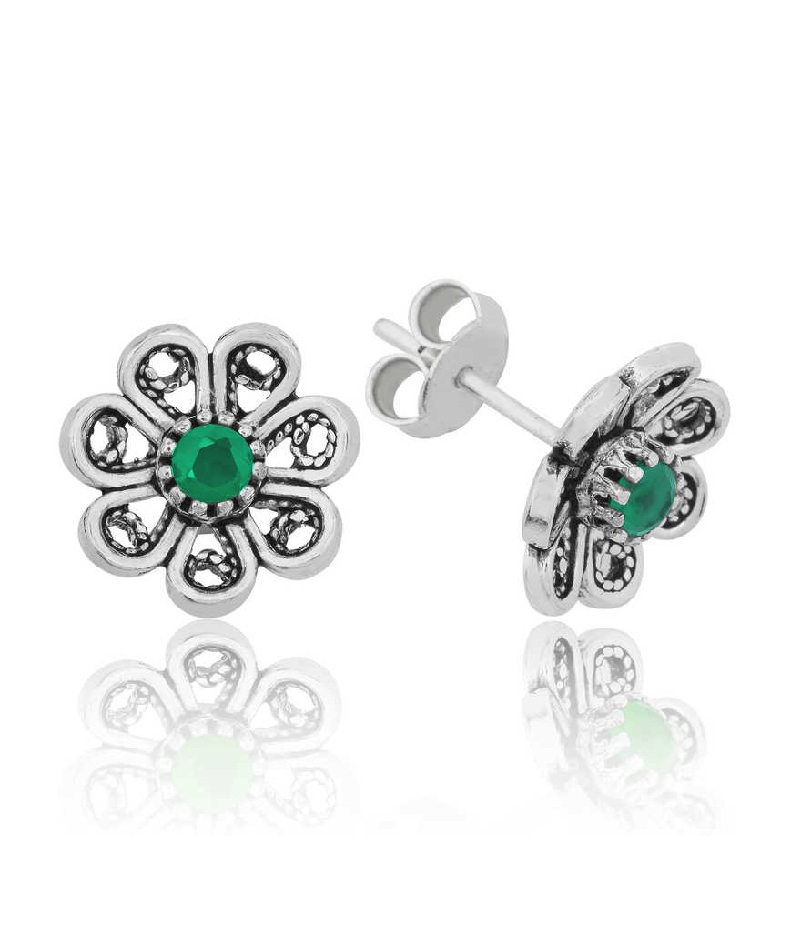 Gümüş Yeşil Telkari Çiçek Çivili Küpe