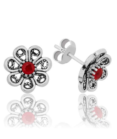 Gümüş Kırmızı Telkari Çiçek Çivili Küpe