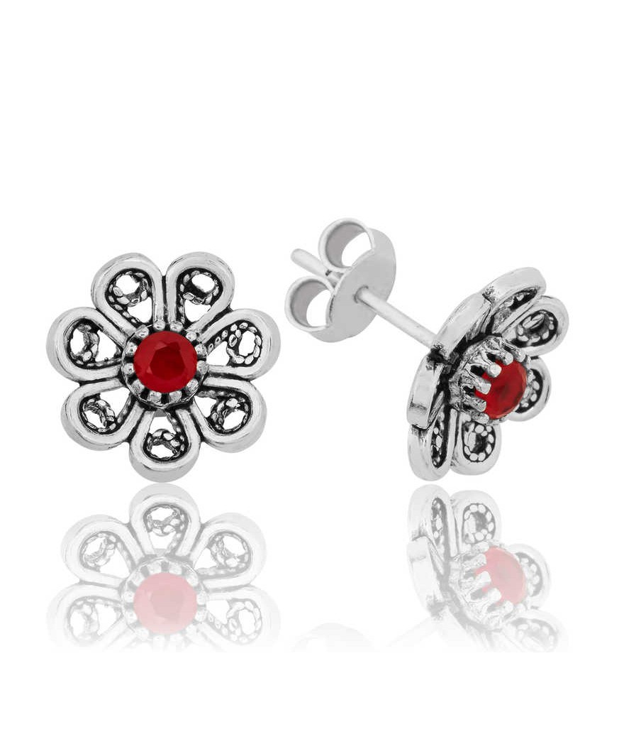 Gümüş Kırmızı Telkari Çiçek Çivili Küpe