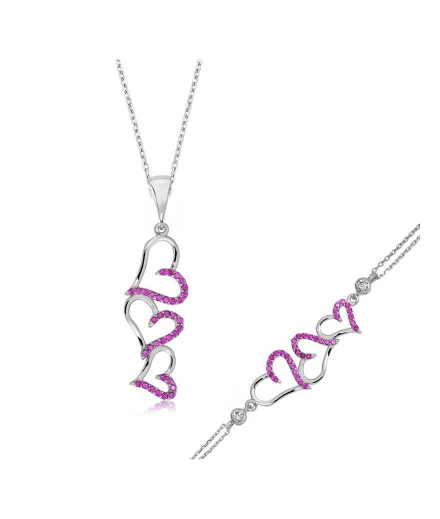 Gümüş Pembe Üç Kalpli Bayan Set