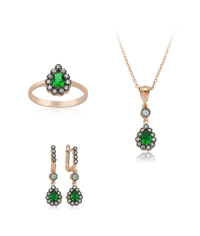 Gümüş Yeşil Taşlı Damla Bayan Set
