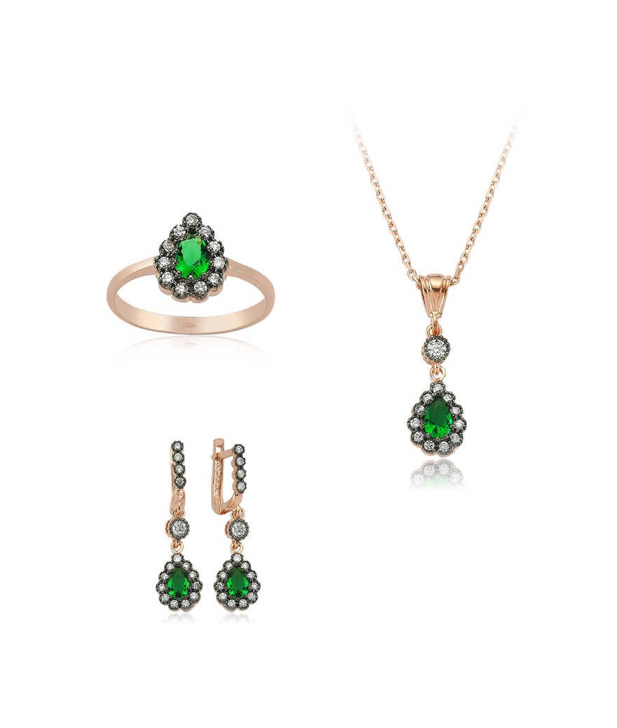 Gümüş Yeşil Taşlı Damla Bayan Set