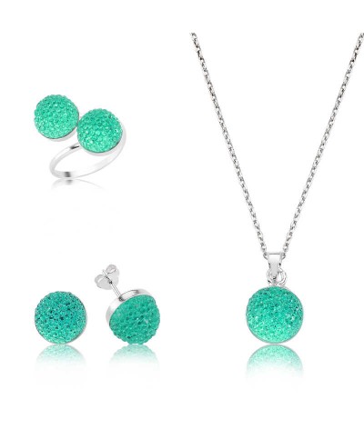 Gümüş Yeşil Kristal Taşlı Bayan Set