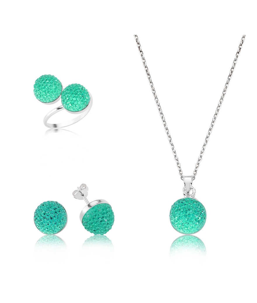 Gümüş Yeşil Kristal Taşlı Bayan Set