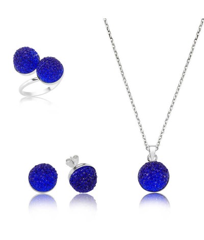 Gümüş Lacivert Kristal Taşlı Bayan Set