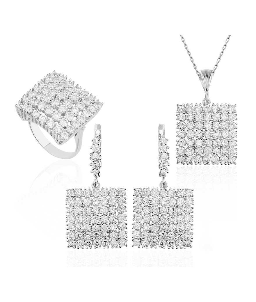 Gümüş Zirkon Taşlı Kare Set