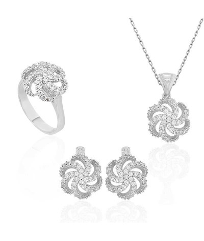 Gümüş Çiçek Desenli Bayan Set