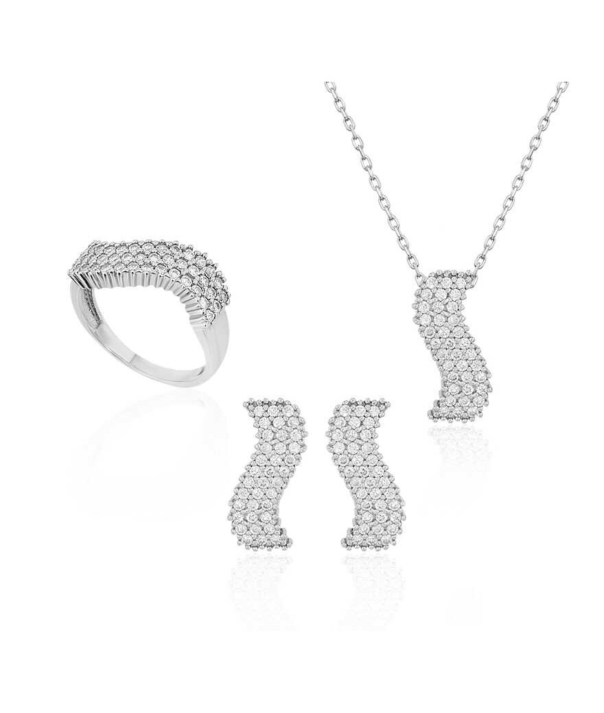 Gümüş Beyaz Taşlı Su Yolu Bayan Set