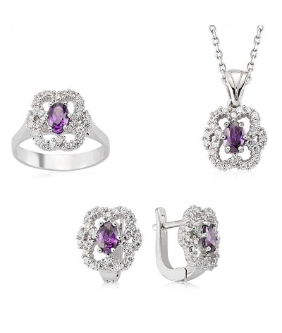 Gümüş Mor Taşlı Bayan Set