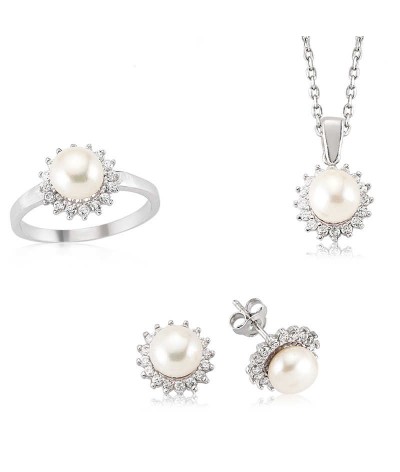 Gümüş Zirkon Taşlı İnci Bayan Set