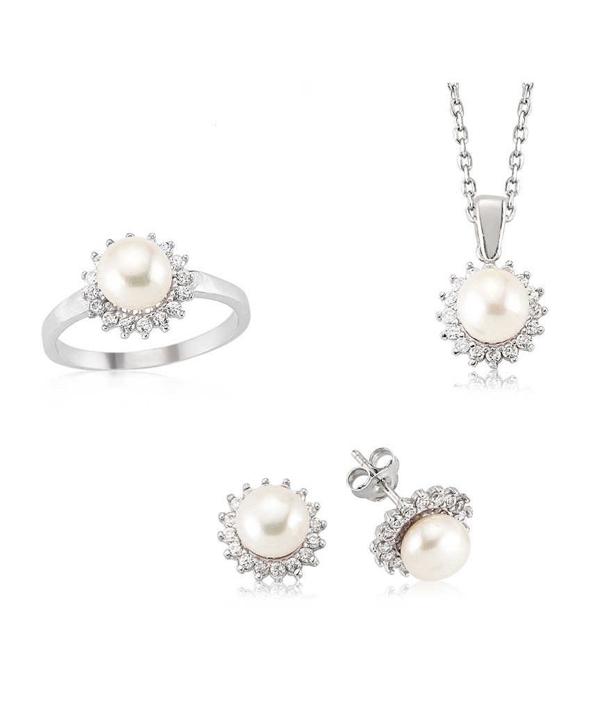 Gümüş Zirkon Taşlı İnci Bayan Set