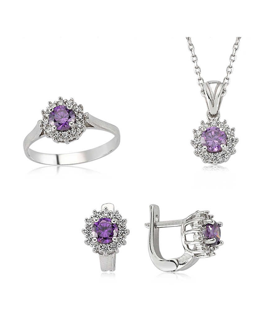 Gümüş Mor Taşlı Çiçek Bayan Set