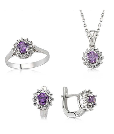 Gümüş Mor Taşlı Çiçek Bayan Set
