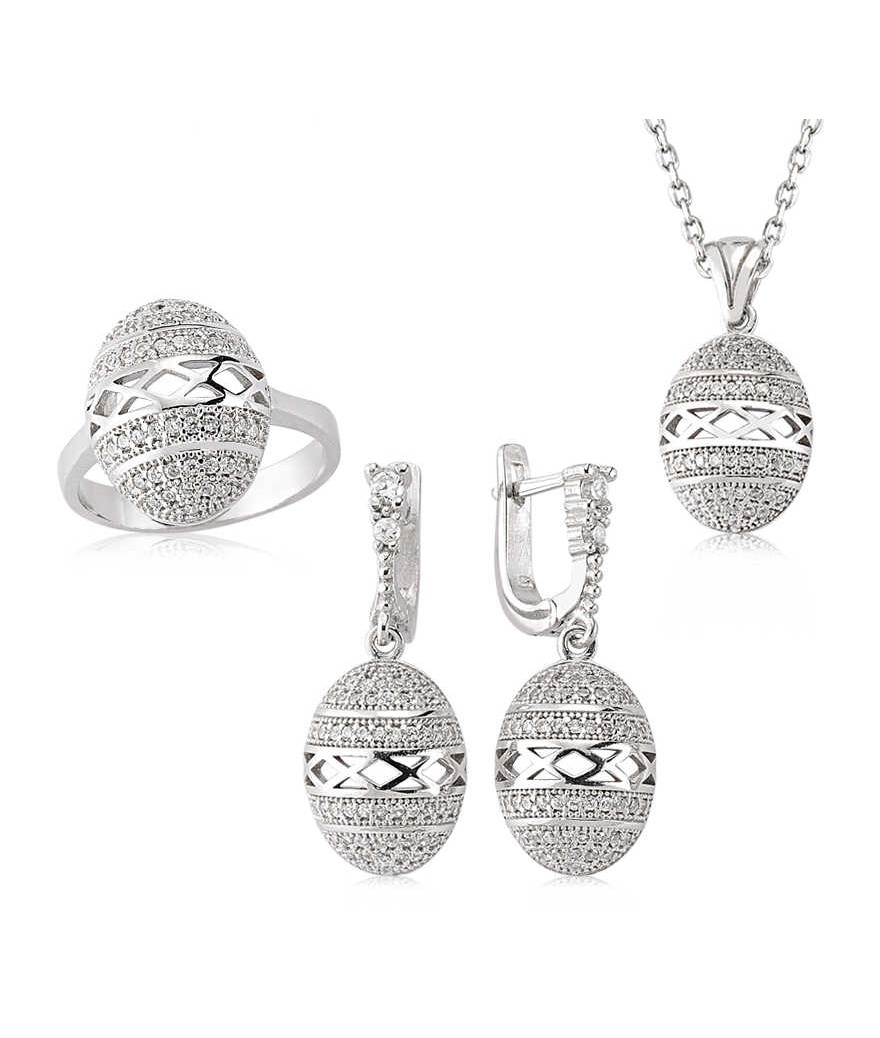 Gümüş Zirkon Taşlı Oval Bayan Set