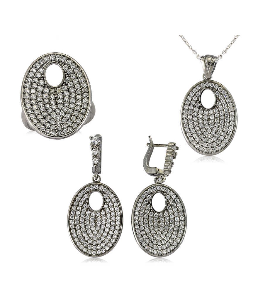 Gümüş Beyaz Taşlı Oval Bayan Set