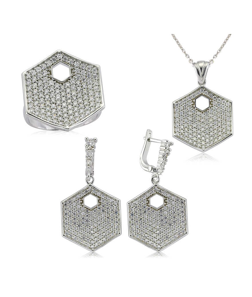 Gümüş Zirkon Taşlı Altıgen Bayan Set