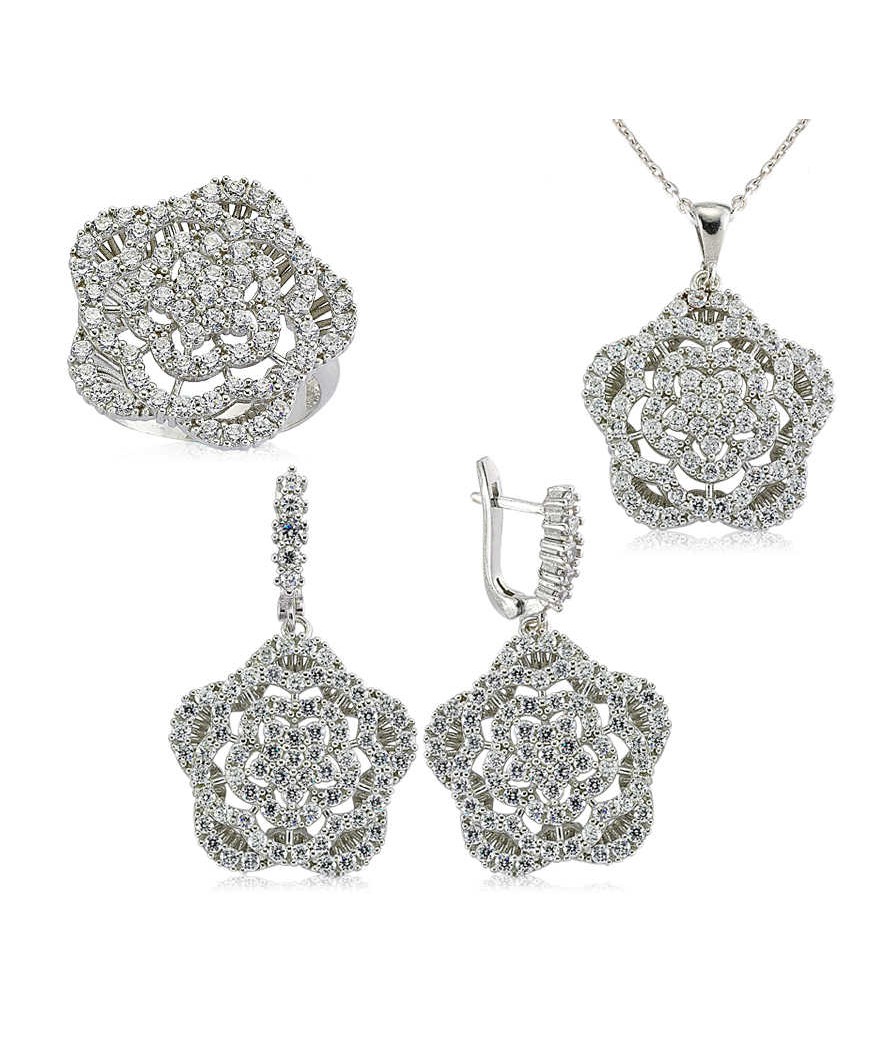 Gümüş Zirkon Taşlı Çiçek Bayan Set