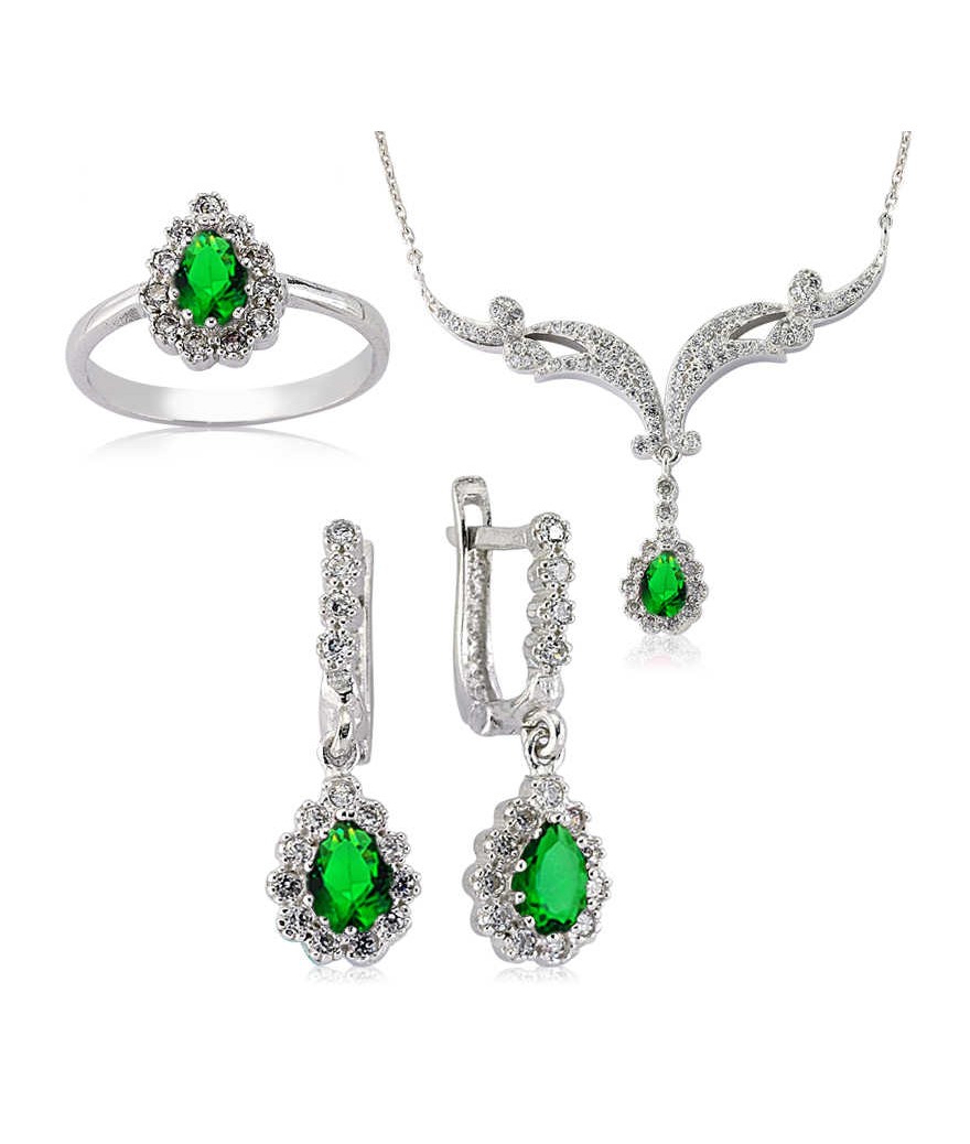 Gümüş Yeşil Damla Bayan Set