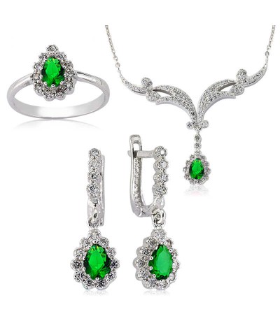 Gümüş Yeşil Damla Bayan Set