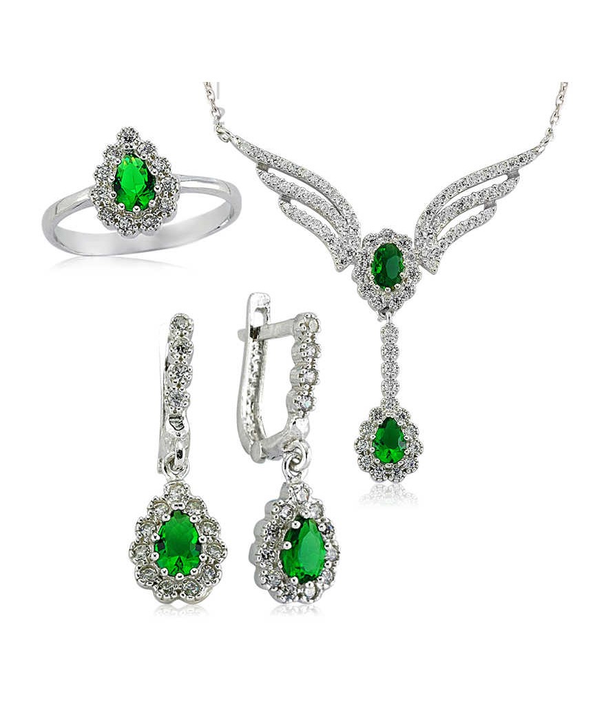 Gümüş Yeşil Taşlı Kanat Bayan Set