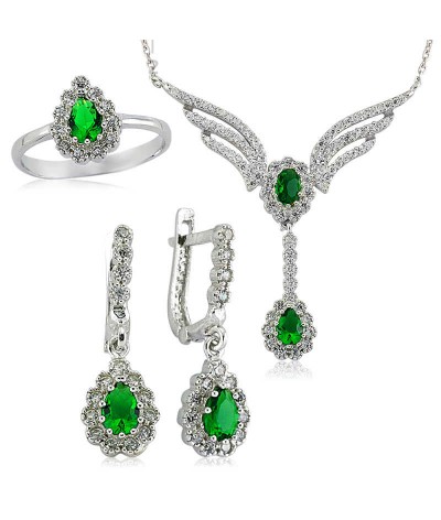 Gümüş Yeşil Taşlı Kanat Bayan Set