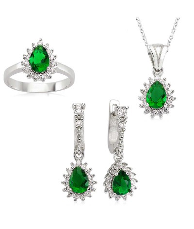 Gümüş Yeşil Taşlı Damla Bayan Set