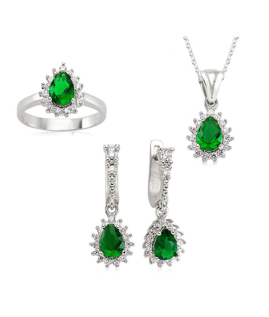 Gümüş Yeşil Taşlı Damla Bayan Set