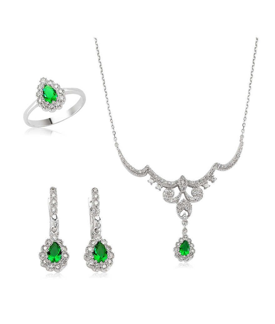 Gümüş Yeşil Taşlı Damla Bayan Set