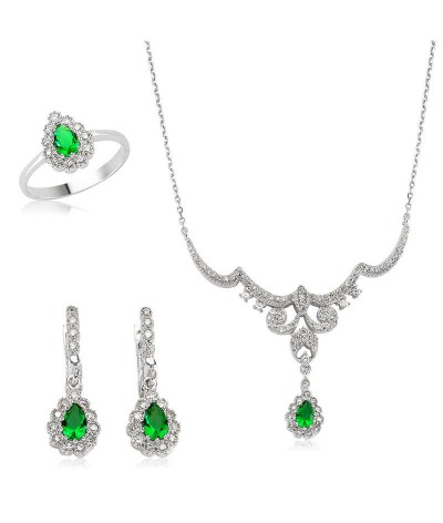 Gümüş Yeşil Taşlı Damla Bayan Set
