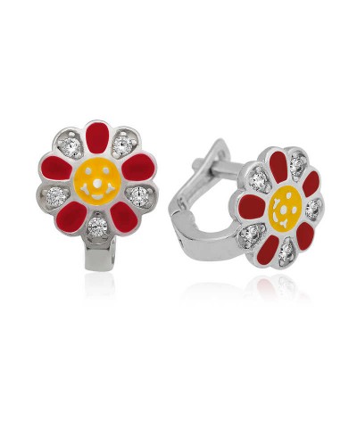 Gümüş Kırmızı Papatya Çocuk Küpesi