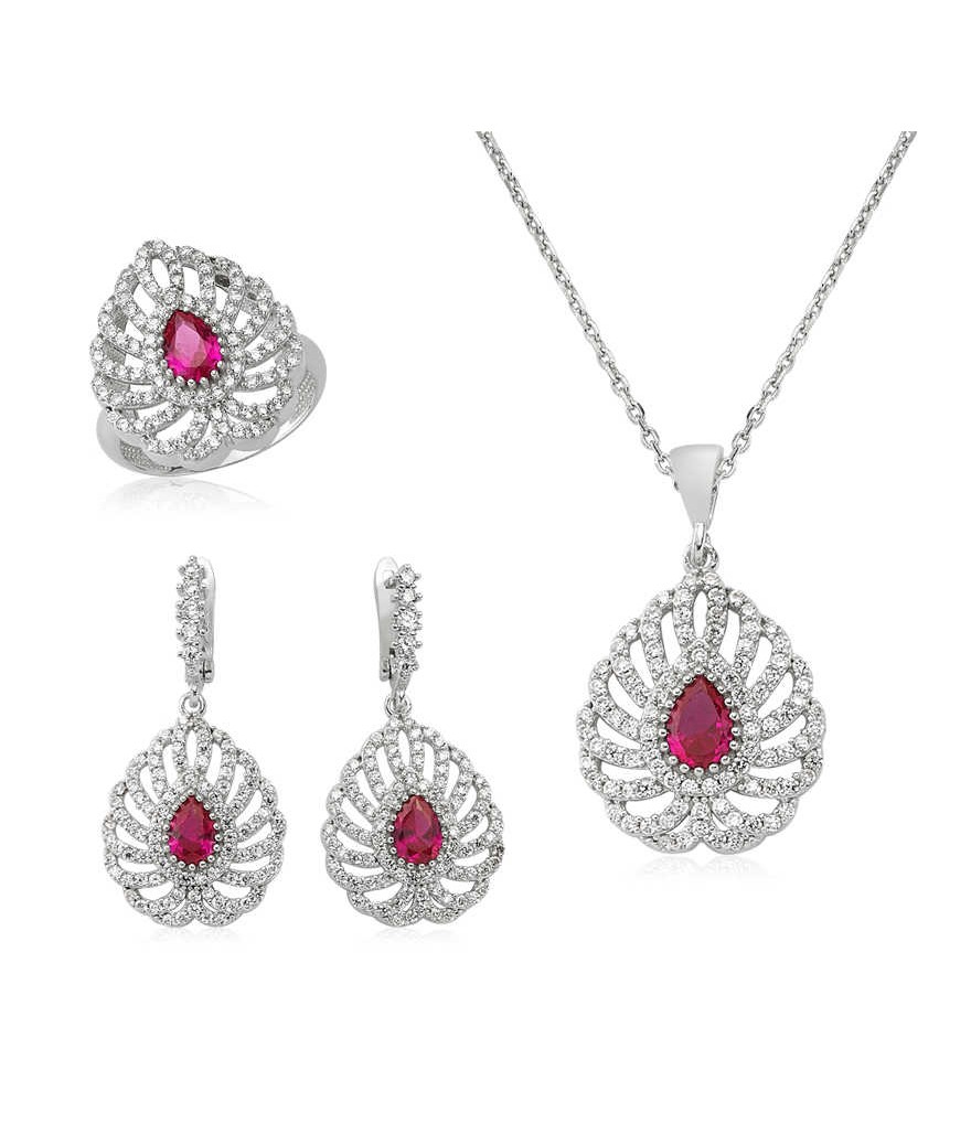 Gümüş Pembe Taşlı Damla Bayan Set