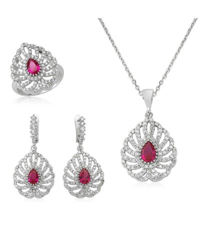 Gümüş Pembe Taşlı Damla Bayan Set